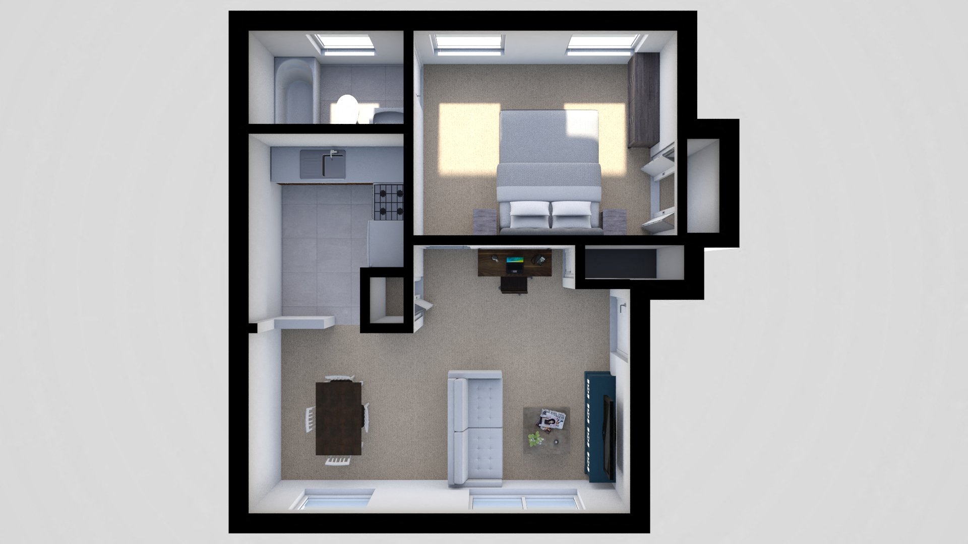 Floor plan for 1 bed, 1 bath, 588 sqft